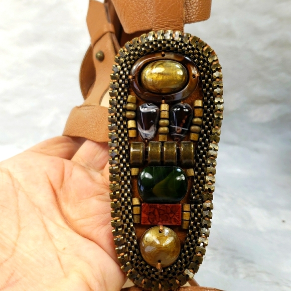 Nine West Reese Heels Women Brown leather Beaded Sandal Strap Back Zip Size7.5 - Picture 3 of 10